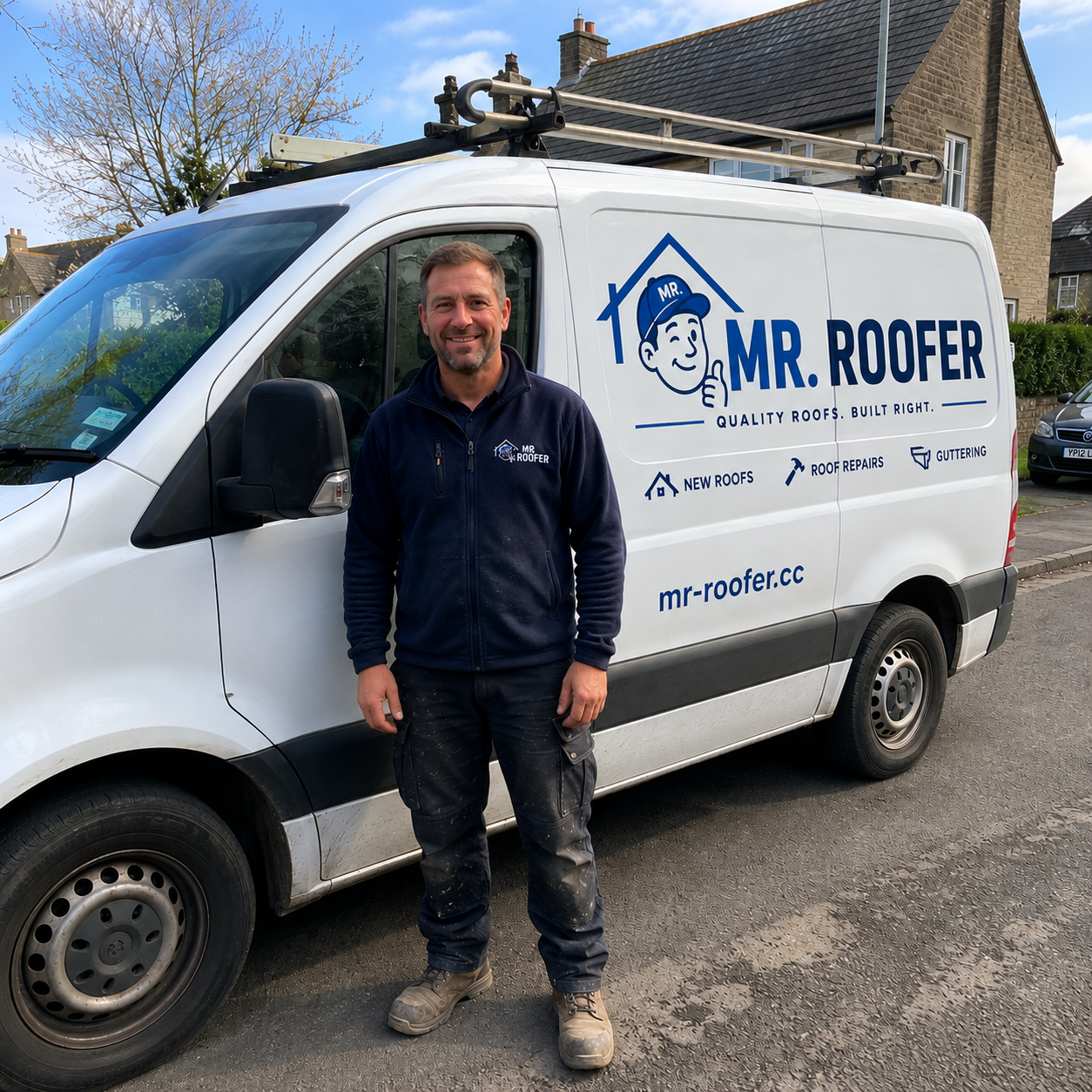George, owner of Mr Roofing, beside the company van